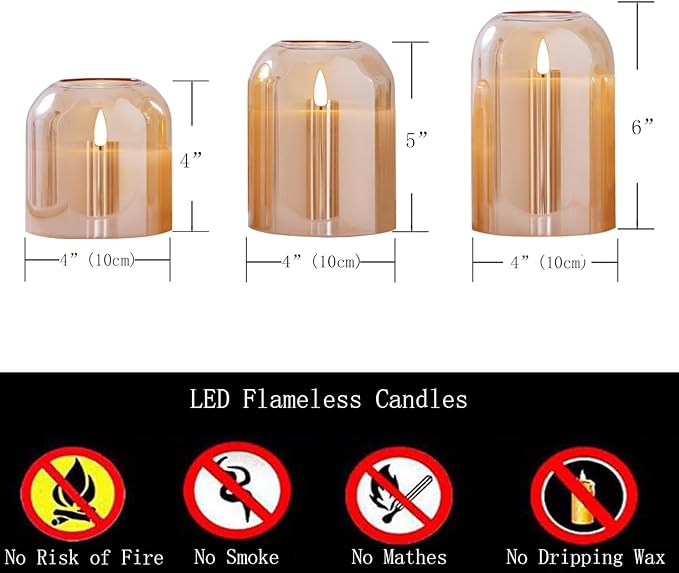 volnyus Gold Glass Flameless Candles with Remote Battery Operated Flickering LED Pillar Candles Real Wax 3D Wick Φ 4" H 4" 5" 6"