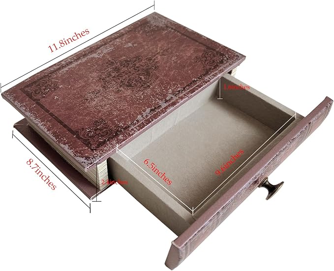 Book Storage Box with Drawer, Distressed Reddish Brown Faux Leather Cover with Classic Damask Pattern, Hidden Vintage-Style Organizer for Jewelry or Keepsakes, 11.8″ x 8.7″ x 2.4″