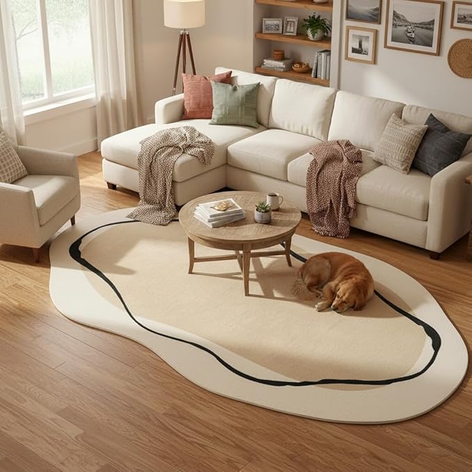 Beige Brown Irregular Shape Rug 3x5 Modern Abstract Black Striped Irregular Rug for Bedroom Diningroom Living Room Washable Odd Shaped Rugs Minimalist Aesthetics Home Office Guestroom Indoor Carpet
