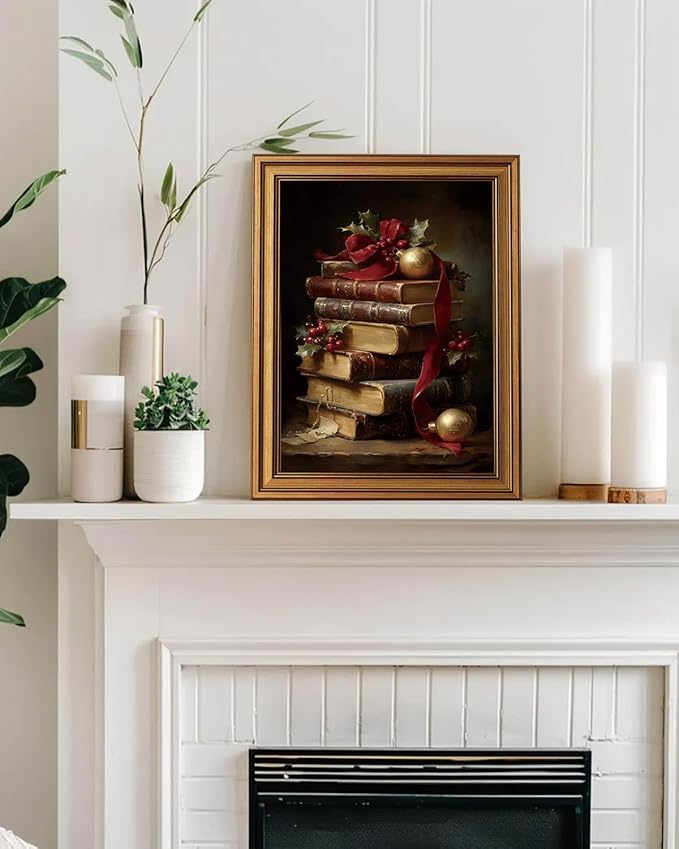 InSimSea Gold Framed Christmas Wall Art, Vintage Canvas Prints Decor, Retro Book Paintings Wall Shelf Decor, Rustic Pictures for Winter Xmas Study Bedroom Holiday Decoration Gifts, 12x16inch