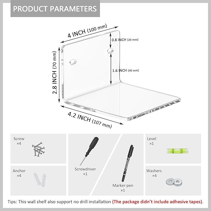 Sezanrpt 4 Inches Clear Small Wall Shelves, 4mm Thickness Acrylic Small Floating Shelf for Figures, Plants, Security Cameras, Speakers, Moisture-Proof, 2 Pack