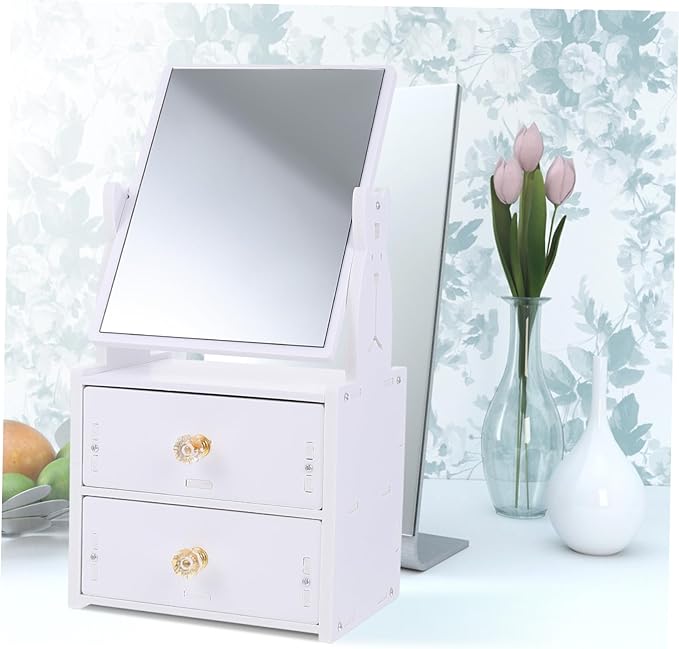 Baluue Large Capacity Storage Box Desktop Mirror Makeup Organizer Stable Vanity Mirror for Shaving Dressing