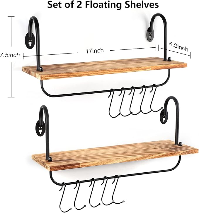 Olakee Floating Wall Shelves for Kitchen Bathroom Coffee Nook with 10 Adjustable Hooks for Coffee Mugs, Coffee Bar Organizer and Decor, Rustic Storage Shelves Set of 2