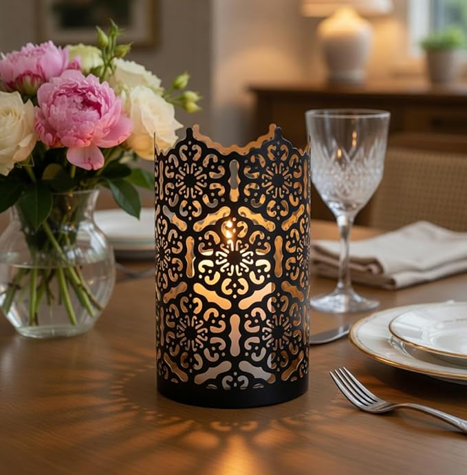 Hosley 7 Inch High Cut Bronze LED Votive Tealight Holder Lantern Intricate Floral Design for Timeless Elegance and Cozy Illumination in Stylish Home D cor Elevate Your Ambiance