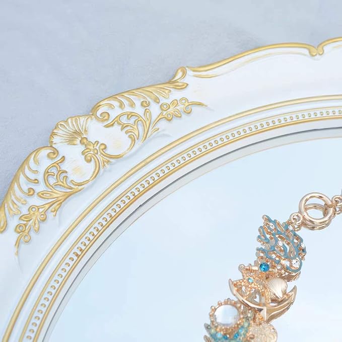 Vintage Carved Decorative Wall Mirror, Hanging Mirror for Dresser Decor Bedroom Living-Room, Cosmetics Jewelry Dresser Organizer Tray (15”x 13.4”) (White-Oval)