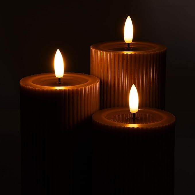 Fluted Ribbed LED Pillar Candles, Brown, with Reflective Melted-Wax Effect – Flickering Flame, Remote, Dimmable, Flameless, Battery Operated, Home & Wedding Decor (Set of 3)