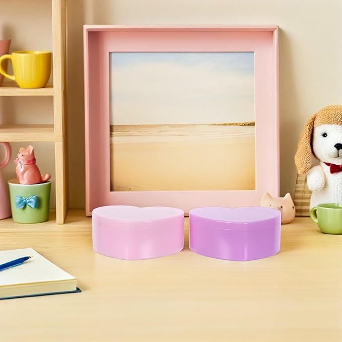 2pcs Heart-shaped Jewelry Box with Double-layer Plastic Organizer and Makeup Mirror, Small Trinket Storage Case for Hair Accessories and Teen Jewelry, Pink and Light Purple