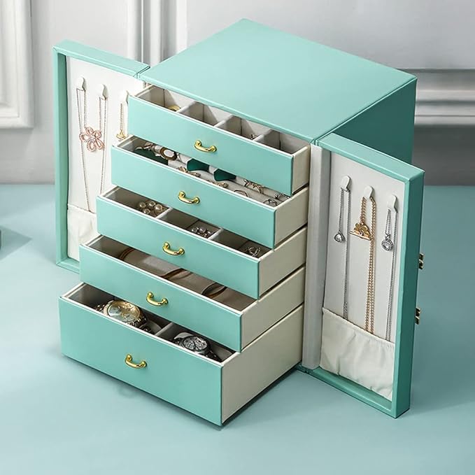 Makeup Organizers Jewelry Box Double Door Five Drawer Storage Box Ring Earring Necklace Bracelet Watch Storage Box Built-in Flannel Jewelry Case