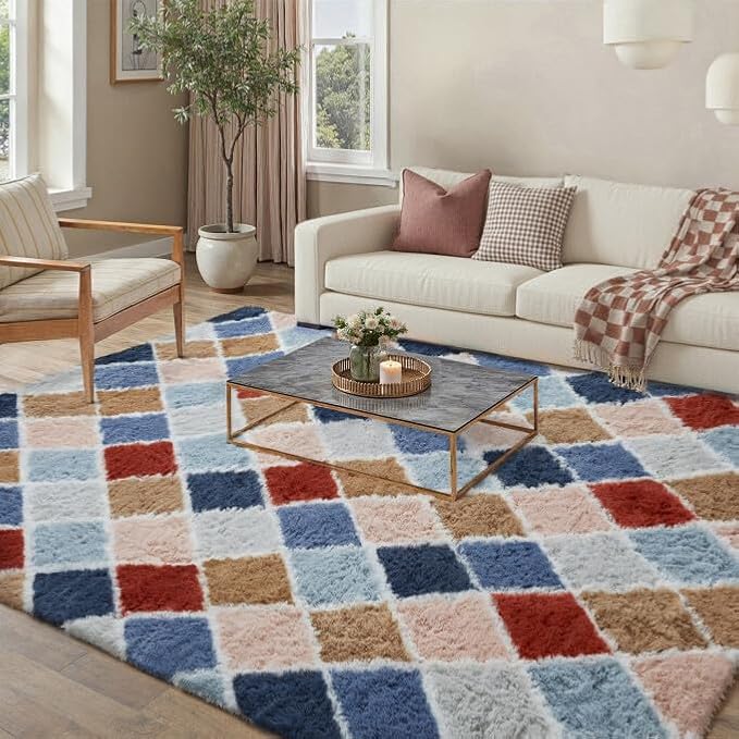 PureCozy 5x7 Checkered Rug for Living Room Rainbow Modern Soft Area Rug Fluffy Non-Slip Carpet for Bedroom Playroom Home Aesthetic Decor