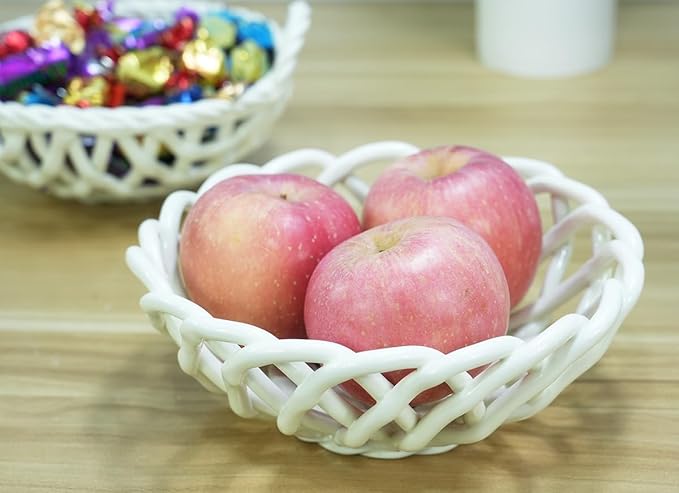 Modern Fruit Basket Storage for Kitchen Countertop Handmade White Ceramic Decorative Bowl Holder for Bread Snack Veggies Home Kitchen Décor,Stylish Key Bowl for Entry Table (W, M)
