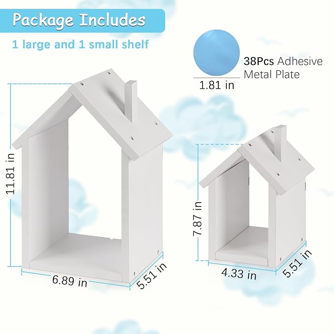 for Tonies Shelf Magnetic - for Tonies Figure Organizer Kids Room, Wooden Display Shelf for Tonies Box Holder, Wall Floating Shelves Toy Storage, House Shape Set of 2 with 38Pcs Metal Plate (White)