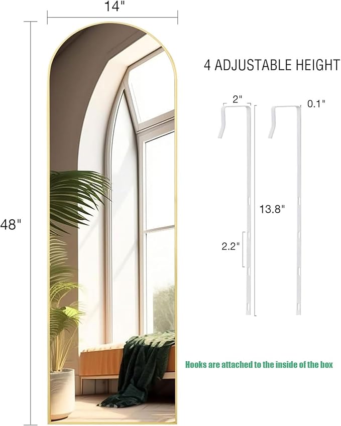 KOMCOTE Full Length Mirror 48x14 Inches - Over The Door Hanging Mirror for Bedroom, Living Room, Closet - Arch Floor Mirror, Door Mirror with Gold Frame - No Drill Easy Install