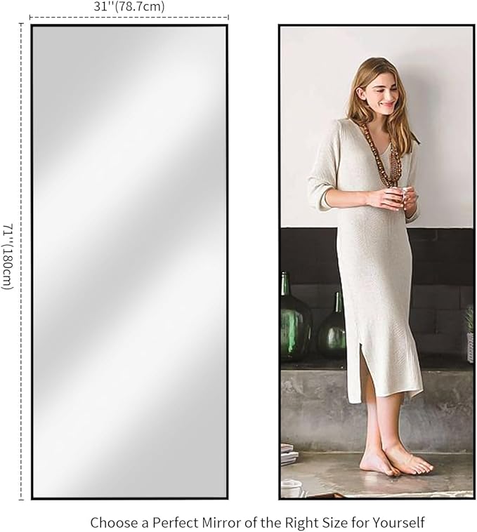 Koonmi 71"x30" Floor Mirror Full Length, Bedroom Floor Body Mirror with Stand, Large Black Mirror, Leaning, Standing or Hanging Horizontally/Vertically