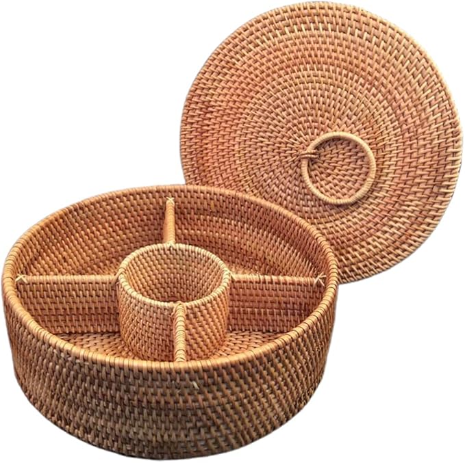 Woven Wicker Round Baskets with Lid Divided Rattan Sundries Box 29cm for Dried Fruit Nuts Bowl Keys Jewelry Makeup Counter Organizer