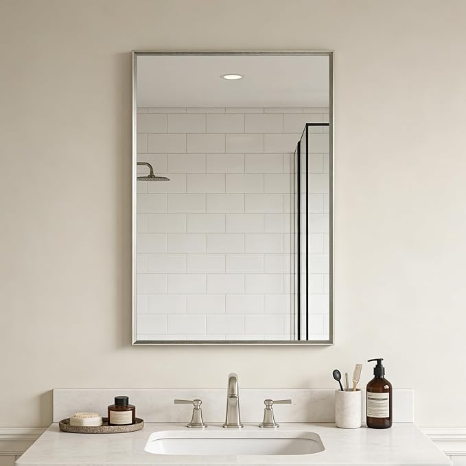 Bathroom Mirror for Wall, 20x30 Inch Metal Framed Mirror, Brushed Nickel Rectangle Mirror, Bathroom Vanity Mirror Farmhouse, Tempered Glass, Anti-Rust, Hangs Horizontally or Vertically