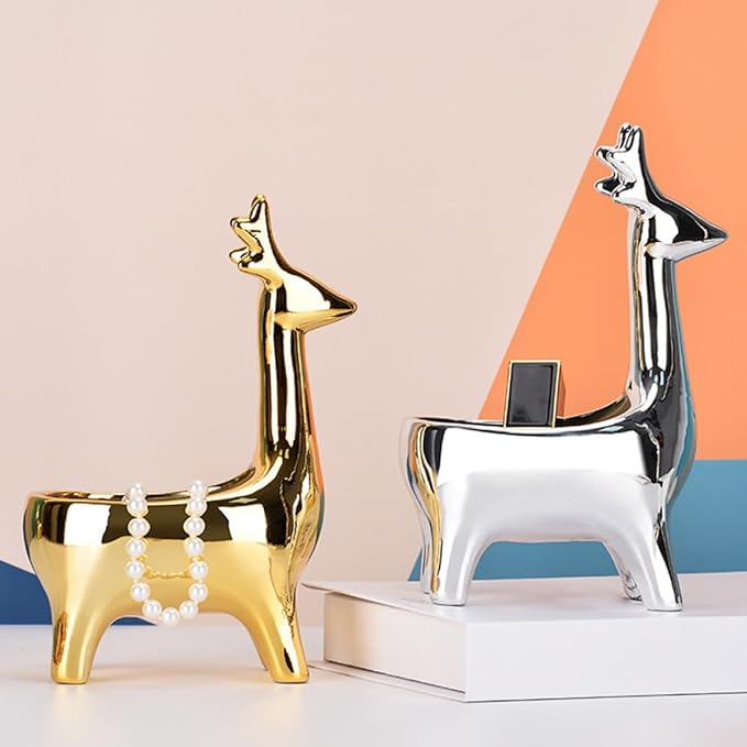 STAHAD Deer Shaped Ceramic Storage Box for Cosmetics and Jewelry, Gold Desktop Organizer Container with Lid, Decorative Holder for Makeup and Small Accessories