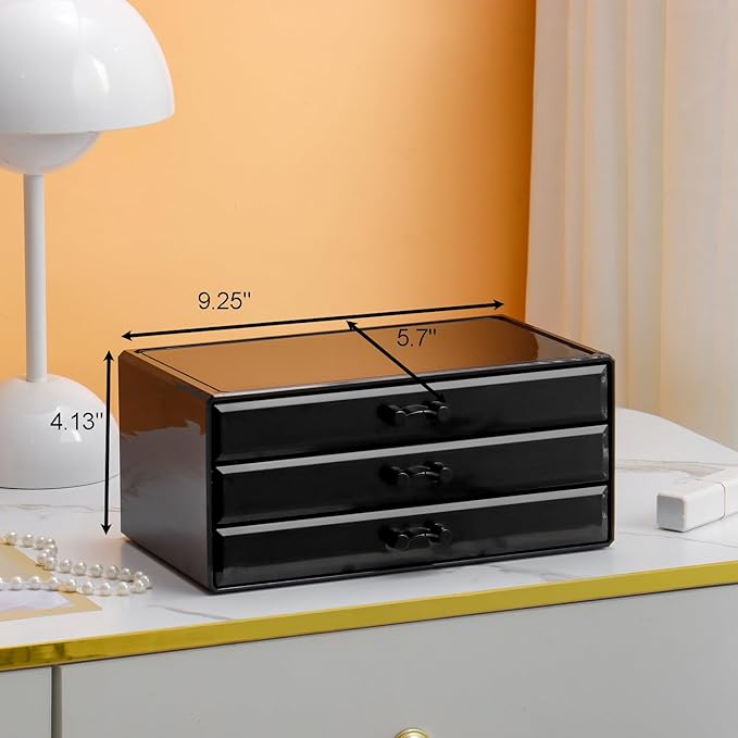 YUFONG Necklace Holder Organizer, Dustproof Necklace Box Velvet Necklace Organizer Box with Lid Clear Acrylic Dustproof Stackable Jewelry Displays for Necklaces Chain Display (Black Pink, 3 Drawer)