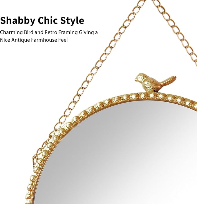 9.8 Inch Small Vintage Gold Round Wall Mirror with Sparrow Design-Iron Framed Mirror for Bathroom, Bedroom Or Dressing Room-Small Wall Mounted Mirror with Metal Bead Accents