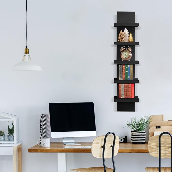 5 Tier Wall Shelf Unit - Narrow Smooth Laminate Finish - Vertical Column Wall Decor Mount Floating Storage Home Decor Organizer Tall Tower Utility Shelf for Bedrooms, Living Rooms(Black)