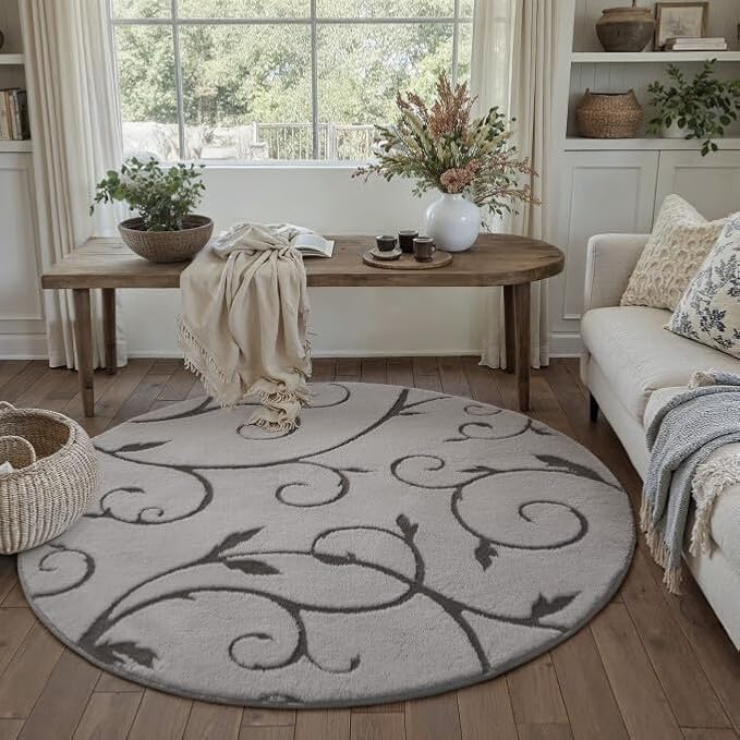 PureCozy Gray Washable Round 4ft Area Rug Soft Shag Rugs for Kids Room Modern Boho High Pile Non-Shedding Throw Rugs Non Slip Indoor Office Carpet for Playroom Bedroom Living Room