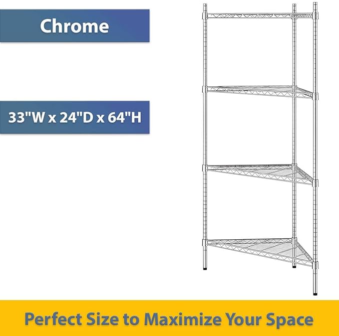33" W x 24" D x 64" H NSF Chrome Triangle Heavy Duty Corner Shelving Kit, 4-Shelf Adjustable Wire Rack