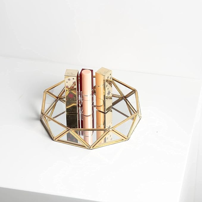 Feyarl Small Gold Glass Perfume Tray Jewelry Trinket Organizer Tray Ornate Vanity Cosmetic Makeup Display Decorative Tray for Home Decor Dresser Tabletop Countertop (7inch)