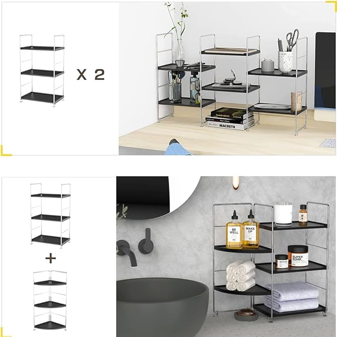 3-Tier Bathroom Countertop Organizer -Makeup Organizer -Corner Storage Shelf- Kitchen Spice Rack Standing Shelf-Great for Vanity, Bathroom, Bedroom, Kitchen (Silver&Black)