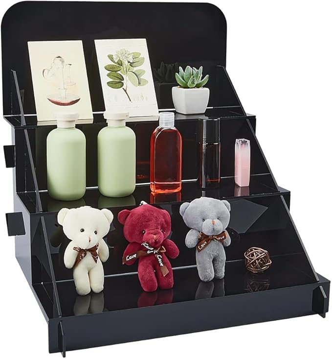 PH PandaHall 3 Tier Acrylic Display Stands, Black Display Shelf Riser Perfume Makeup Organizer Holder for Figures Craft Show Collectibles Cupcake Home Retail Exhibition Decor, 16x15x17 inch