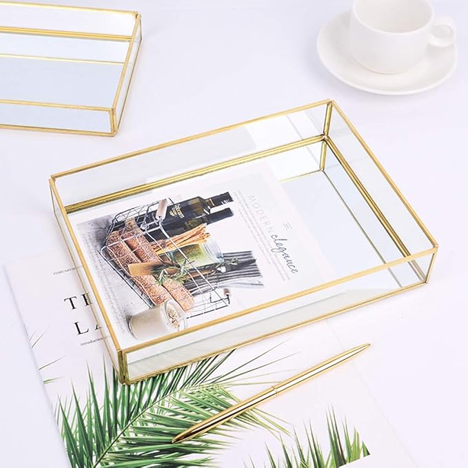 Gold Perfume Tray, Rectangle Decorative Glass Mirror Vanity Tray Jewelry Photo Display Organizer for Trinket Cosmetics Makeup Bathroom Bedroom Home Table Decorative (S)
