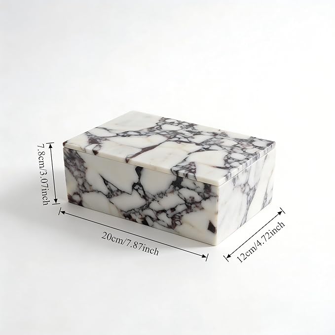 Luxury Marble Storage Box with Lid, White and Purple Veined Pattern, Decorative Organizer for Makeup Brushes, Jewelry, Bathroom Accessories (Rectangle)