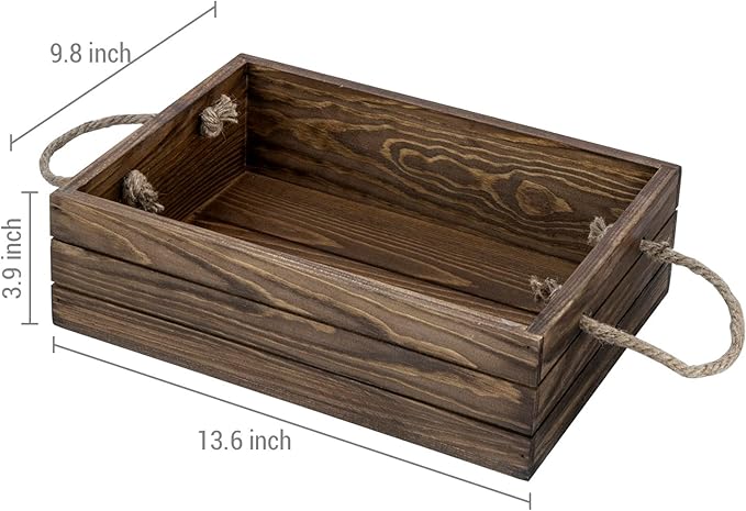 MyGift 13 Inch Rustic Brown Wood Decorative Storage Organizer Bin with Rope Handles, Open Top Small Crate Box for Bathroom Accessories, Books, Crafts, Fruits