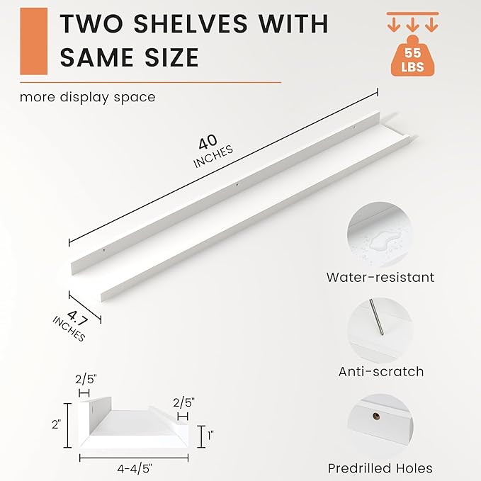 FLYJOE Picture Ledge Shelf, Floating Shelves Set of 2, 40 Inches Nursery Book Shelves for Toys Storage, Kids Bookshelf Wall Mounted for Living Room Bedroom Decor Books Photo Frames, White