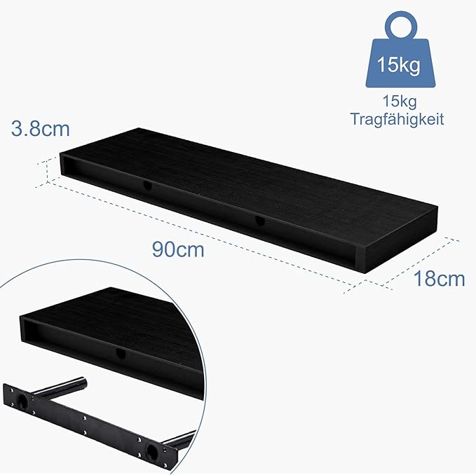 Floating Shelves for Wall, Bathroom Shelves Over Toilet, Wall Shelves & Book Shelf for Room, Hanging Shelf, Modern Wooden Mounted Floating Shelves, 36x7x1.5 in (Black, Set of 2)