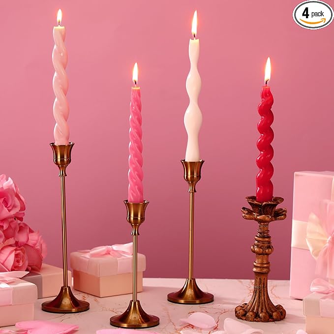 Nuanchu 4 Pcs Twisted Taper Candles Wax Unscented Smokeless Spiral Swirl Candlesticks for Wedding Holiday Dinner Party Home Decorations(7.87 Inch,Pure,Valentines Color)