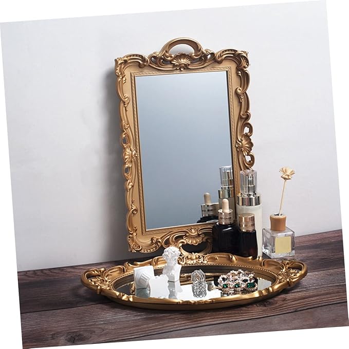Vintage Golden Mirror Makeup Tray European Style Cosmetics Organizer for Perfume Storage Decorative Vanity Tray for Home Party and Dresser Display