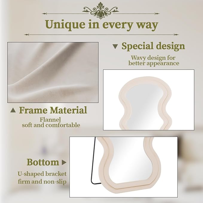 Koonmi 63"x24" Wavy Mirror Full Length, Flannel Floor Mirrors, Irregular Wavy Standing Mirror Wall Mounted with Flannel Wrapped Frame for Bedroom & Living Room, White