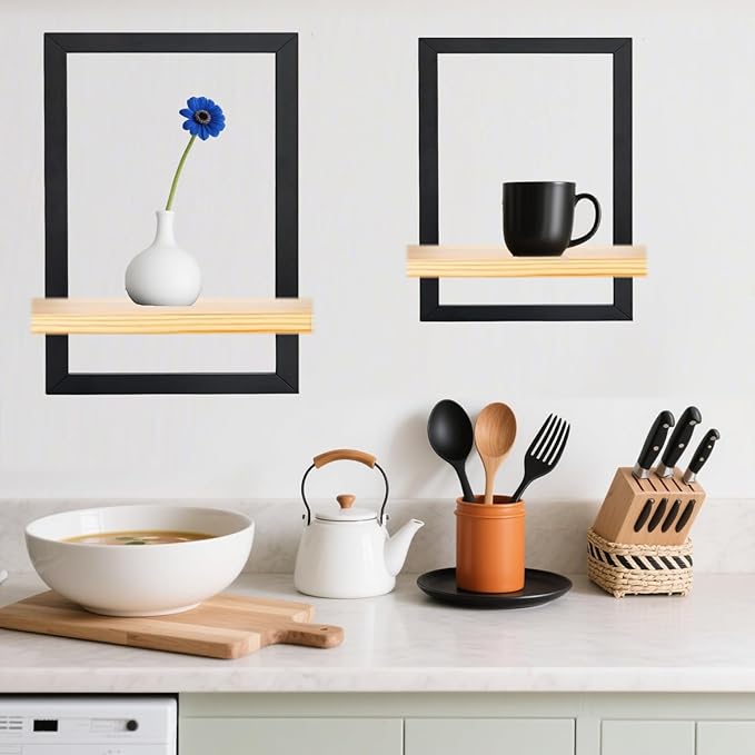 Set of 3 Wooden Floating Shelves for Wall - Solid Wood Kitchen Shelf Decor Floating Wall Shelves for Living Room, Metal Frame Hanging Shelves