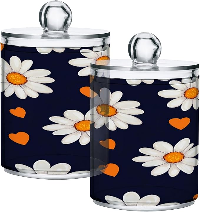 Nander 2Pack Beautiful Daisy Petals Qtip Holder Dispenser -Clear Plastic Apothecary Jars Set - Restroom Bathroom Makeup Organizers Containers for Cotton Swab, Ball, Pads, Floss