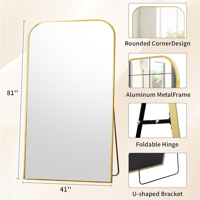 Full Length Mirror 81"x41" Arched Floor Standing Large Mirrors Full Body Mirror with Stand - with Aluminum Frame for Bedroom Living Room, Gold