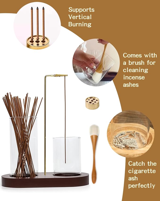Glass Incense Holder for Sticks, Hang Upside Down Incense Burner with Storage & Ash Catcher, Anti-Ash 2 in 1, Comes with Brush & Greeting Card, Meditation Yoga Home Decor Gift (Light Base)