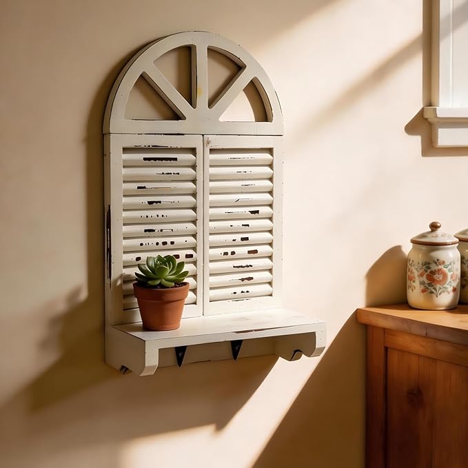 Rustic Arched Window Floating Shelf with 2 Key Hooks - Distressed White Farmhouse Wood Decor, Wall Mounted Storage Organizer for Entryway, Bathroom, Kitchen, Home Decor