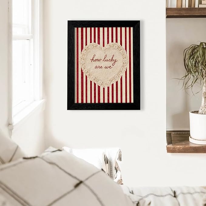 How Lucky Are We Wall Art Red Stripe Affirmation Quotes Poster Coquette Love Lace Heart Canvas Print Fashion Preppy Aesthetic Wall Decor Valentines Day Couple Gift 12X16 inch Black Framed