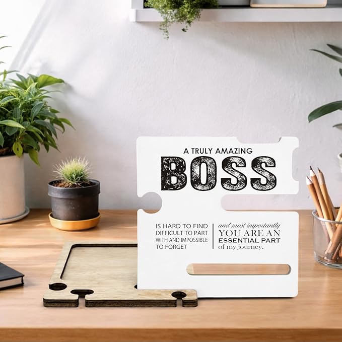 Appreciation Gifts for Boss Leader - Multi-functional Desk Organizer - Motivational Amazing Boss Office Quote Wooden Sign for Office Desk Shelf Decor