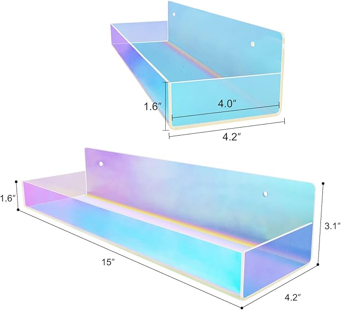 TLBTEK 2 Pcs 15 inch Iridescent Rainbow Floating Shelves,Colorful Acrylic Irridescent Floating Shelves Wall Mounted Storage for Bathroom, Bedroom, Living Room, Kitchen (Without Edge)