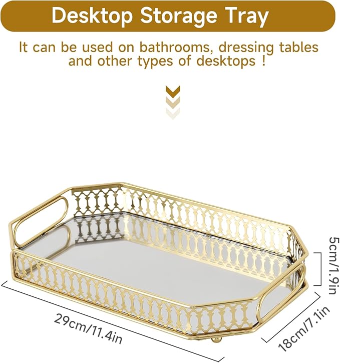 Vintage Gold Mirrored Vanity Mirror Tray Decorative Perfume and Makeup Organizer with Handles for Dresser,Bathroom or Jewelry Display(Small Size)