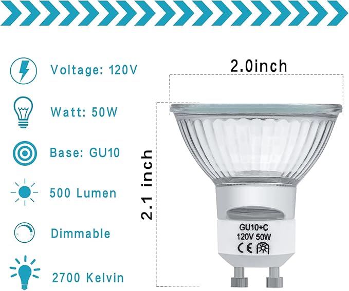YBEK GU10 Halogen Bulbs 50W 120V MR16 for Scent Wax Burner, Dimmable Warm White, Pack of 4