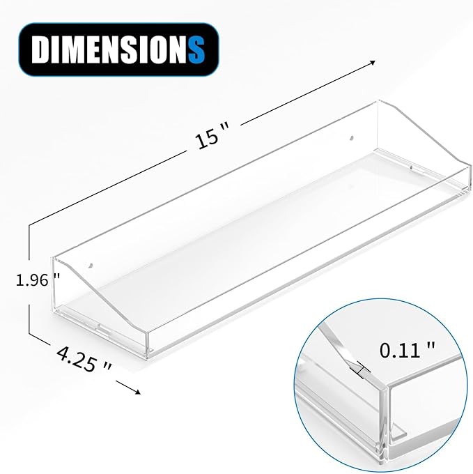 Acrylic Shelves for Bathroom Storage, 15" Floating Shelves Wall Organizer for Perfume, Make up, Skincare, Kids Bookshelf for Bedroom, Nursery, Living Room Decor, Clear, 6 Pack