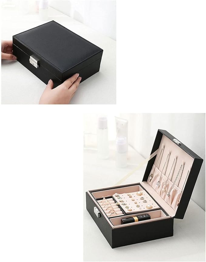 Jewelry storage box Makeup Organizers Jewelry Box,Jewelry Box for Women Large Leather Jewelry Organizer Two Layers with Lock Display for Earrings Bracelets Rings Watches Jewelry Case (B)