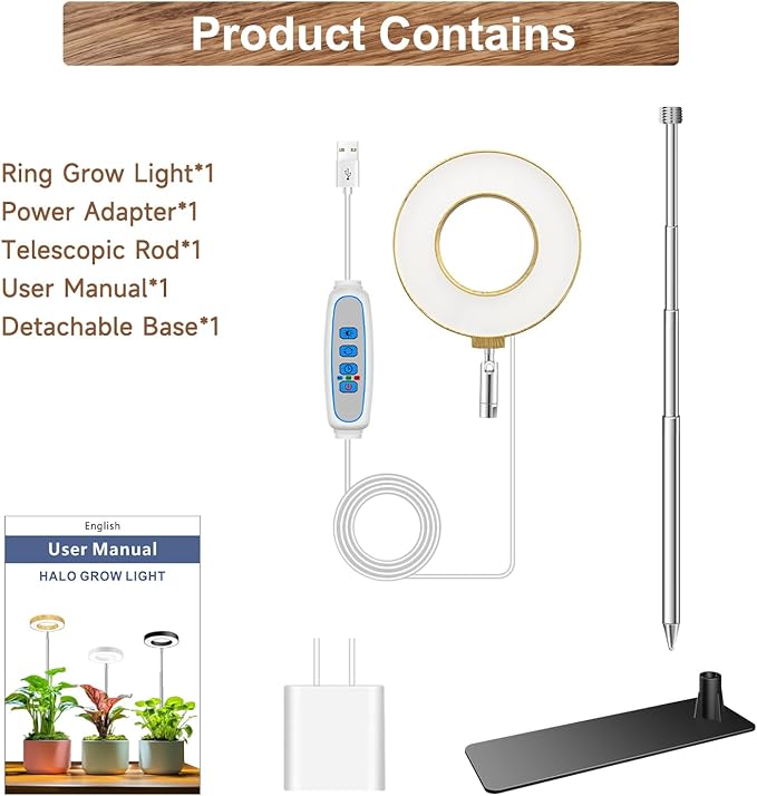Aokrean Grow Lights for Indoor Plants, 48 LEDs Full Spectrum Plant Grow Light, Height Adjustable Faux Wood Grain Halo Plant Light with Base, 3 Optional Spectrums, Auto Timer 6/12/16Hrs, 5 Brightness