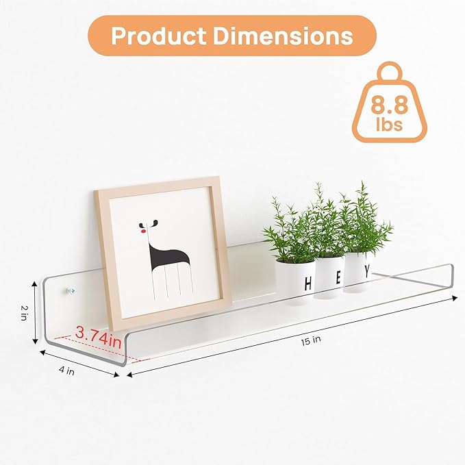 Acrylic Shelves for Bathroom Storage, 15" Floating Shelves Wall Organizer for Perfume, Make up, Skincare, Kids Bookshelf for Bedroom, Nursery, Living Room Decor, Clear 6 Pack